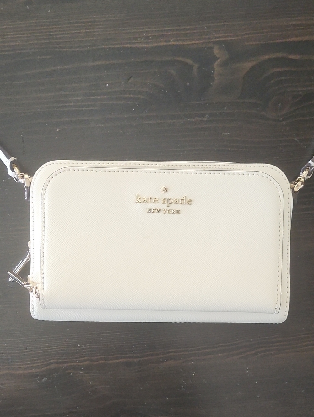kate spade Cream Saffiano Crossbody Wallet with Gold Logo